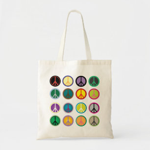 Hippy peace sign 60s colourful pattern tote bag