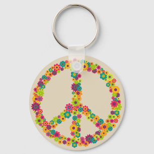 Hippy peace sign flowers key ring
