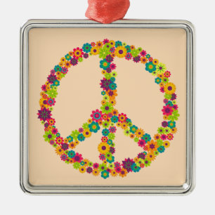 Hippy peace sign flowers metal tree decoration