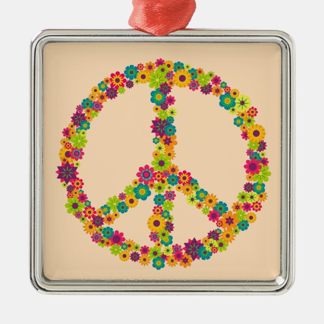 Hippy peace sign flowers metal tree decoration (Front)