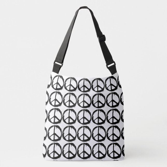 Hippy Peace Sign Retro Black & White Boho Crossbody Bag (Front)