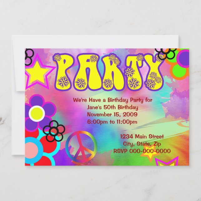 Hippy rainbow Retro birthday party invitation (Front)