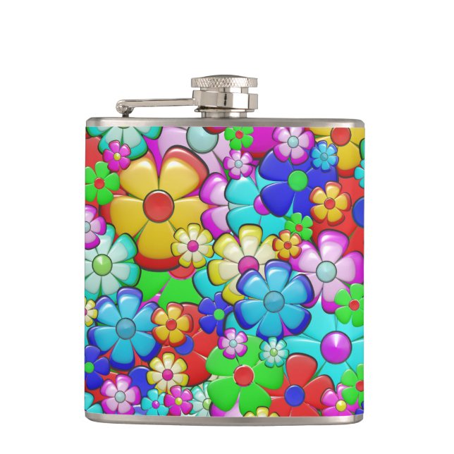 Hippy retro floral art hip flask (Front)