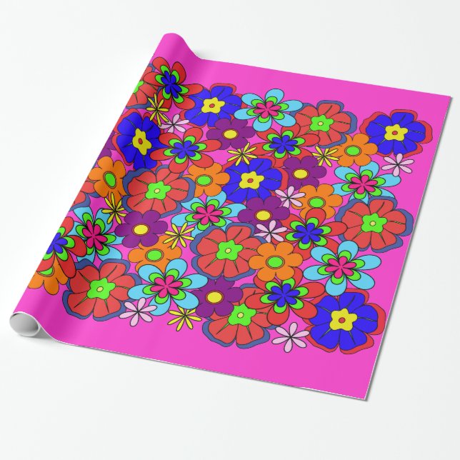 Hippy Retro Flowers Wrapping Paper (Unrolled)