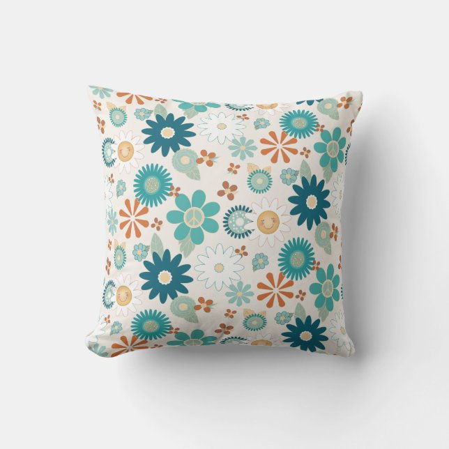 Hippy Retro Vibe 70s Daisy Peace Blue Orange Baby  Cushion (Front)