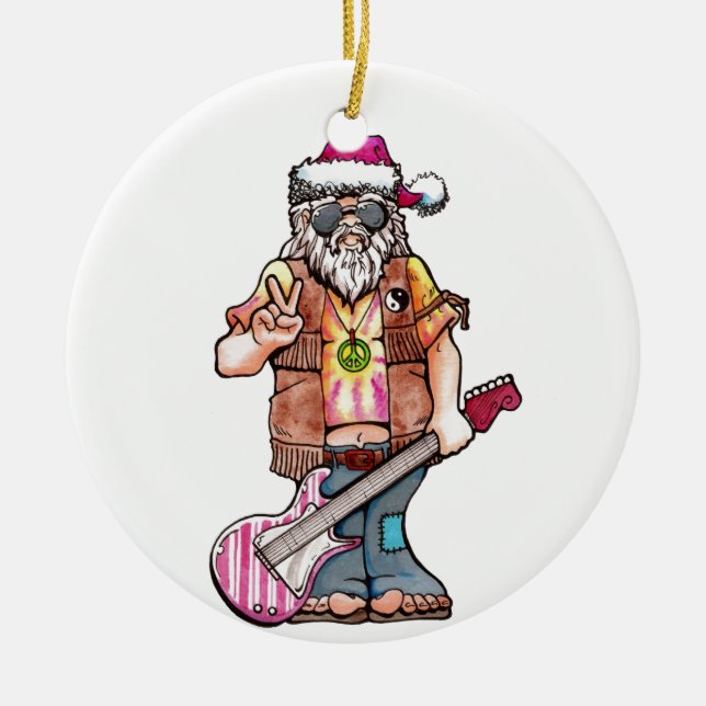 Hippy Santa says "Cool Yule" Ceramic Tree Decoration (Front)