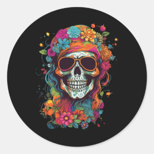 Hippy Skull Groovy Halloween Graphic Women Teens G Classic Round Sticker