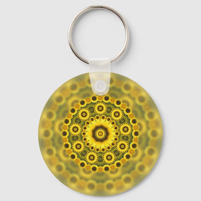 Hippy Sunflower Fractal Mandala Pattern Key Ring (Front)