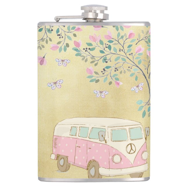 Hippy Van Butterflies and Blossom Gold Hip Flask (Front)