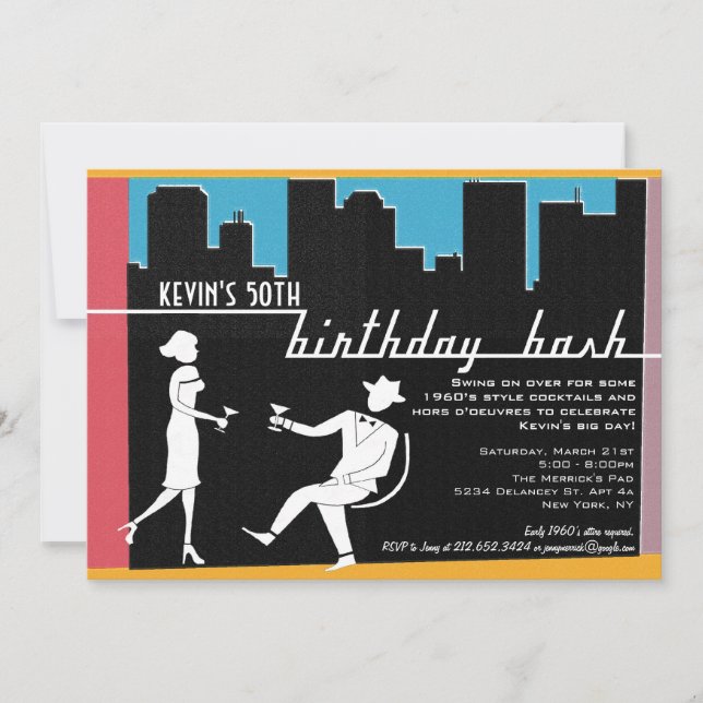 Hipster 1960's Birthday Party Invitation (Front)