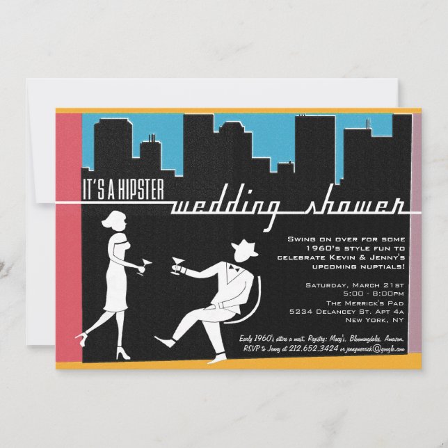 Hipster 1960's Wedding or Bridal Shower Invitation (Front)