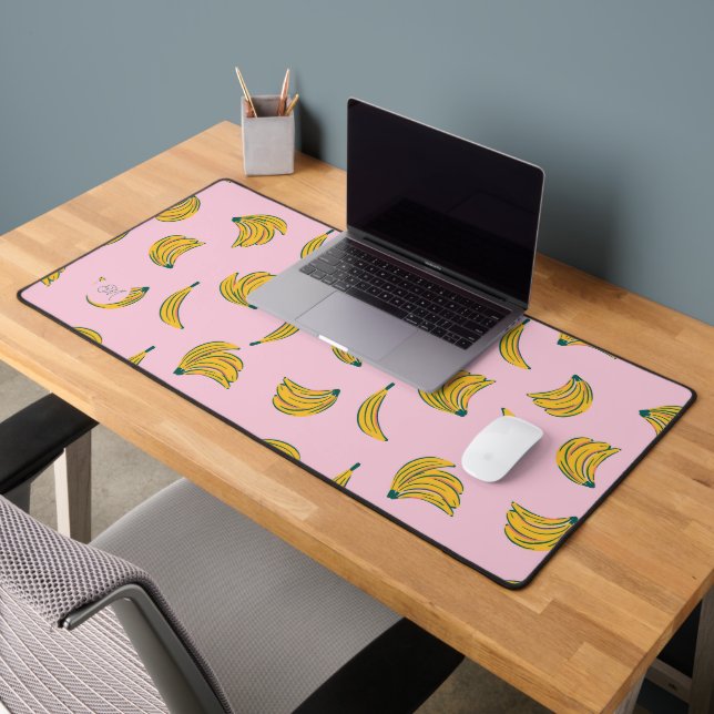 Hipster Banana Pattern in Pink Background Monogram Desk Mat (Office 2)