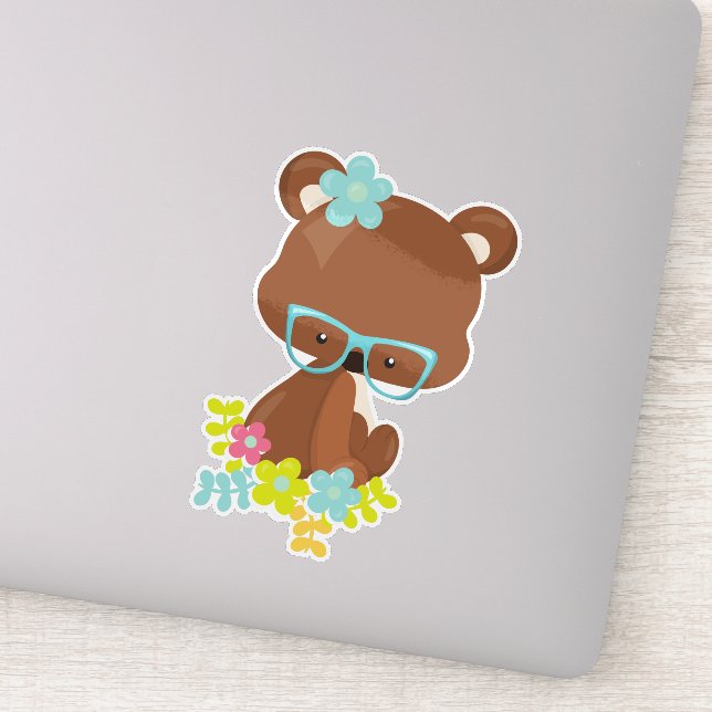Hipster Bear, Bear With Glasses, Colourful Flowers (Detail)