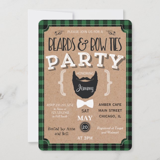 Hipster beards bow ties baby shower vintage invite (Front)