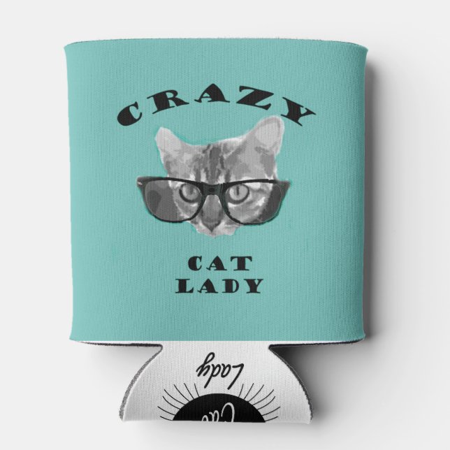 Hipster Blue Popular Crazy Cat Lady Humour Can Cooler (Back)