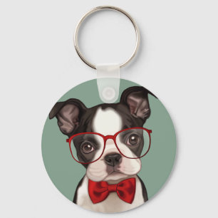 Hipster Boston Terrier Key Ring