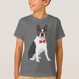Hipster Boston Terrier with Red Glasses & Bow Tie T-Shirt
