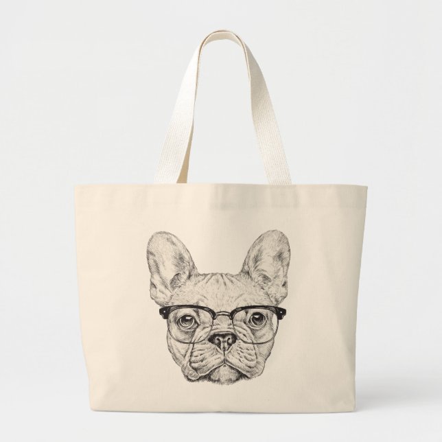 Hipster Bulldog Large Tote Bag (Front)