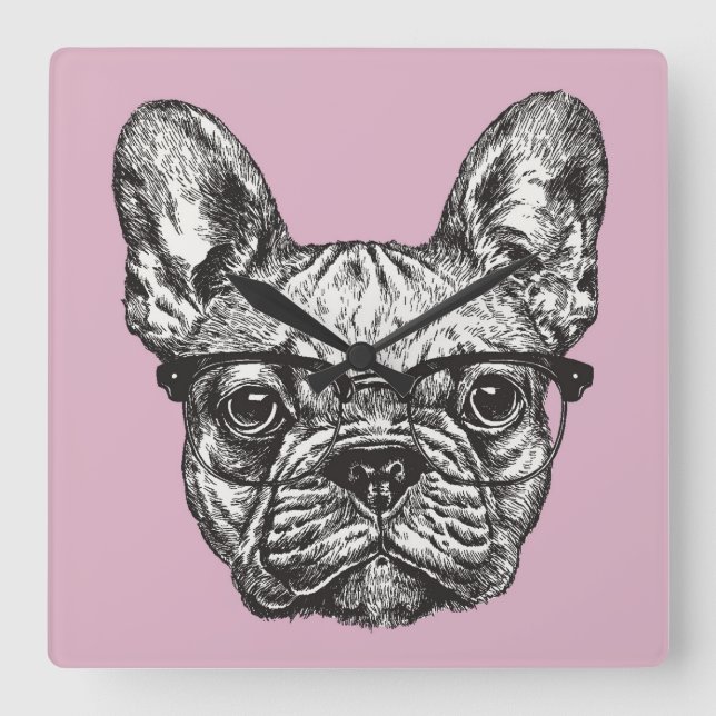 Hipster Bulldog Square Wall Clock (Front)