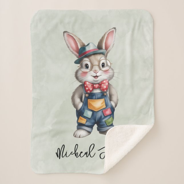 Hipster Bunny Boy Baby Shower Gift Sherpa Blanket (Front)