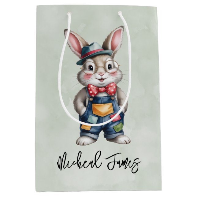Hipster Bunny Boy Baby Shower Medium Gift Bag (Front)