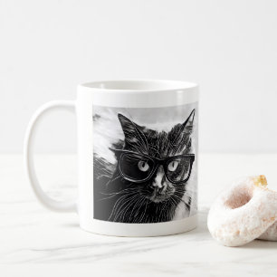 Hipster Cat! Black Cat w/ Oversized Black Glasses Coffee Mug