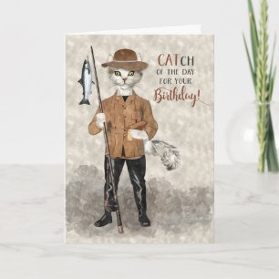 Hipster Cat Fishing Themed Funny Birthday Card