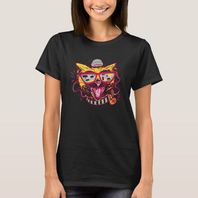 Hipster Cat Wearing Hat and Glasses Feline Pet Gra T-Shirt (Front)