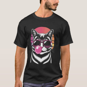 Hipster Cat With Shades And Bubblegum Retro Sunset T-Shirt