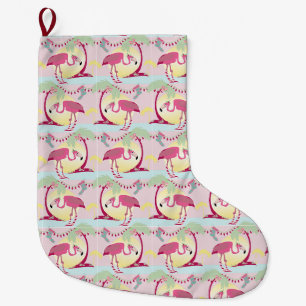 Hipster Christmas Flamingo Palm Holiday Scene Large Christmas Stocking