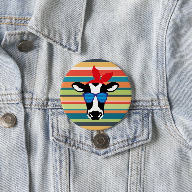 Hipster Cow on Stripes 7.5 Cm Round Badge (In Situ)