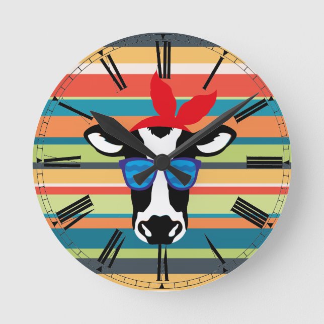 Hipster Cow on Stripes Round Clock (Front)