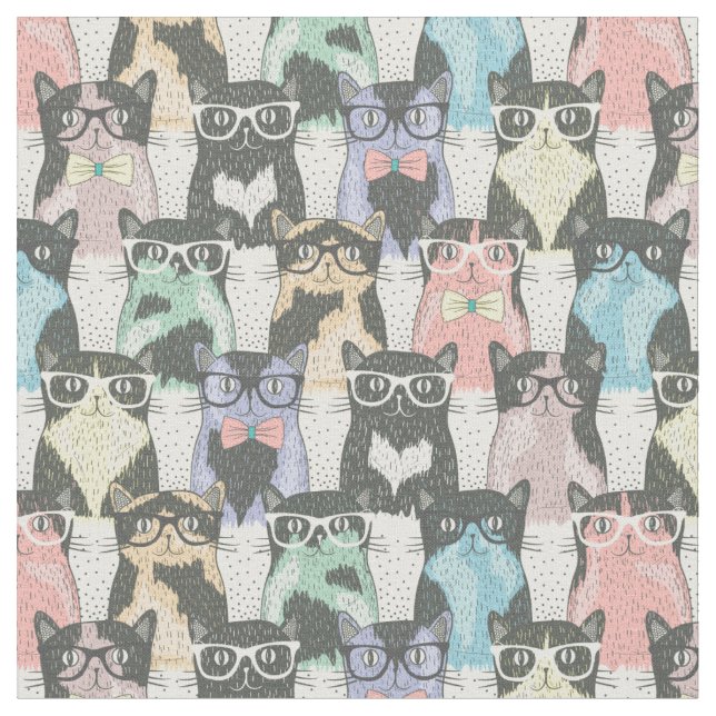 Hipster Cute Cats Pattern Fabric (Close Up)