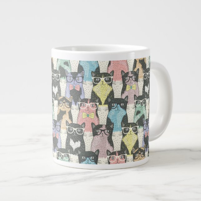 Hipster Cute Cats Pattern Large Coffee Mug (Front Right)