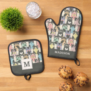Hipster Cute Cats Pattern Oven Mitt & Pot Holder Set