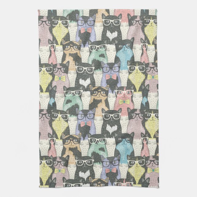 Hipster Cute Cats Pattern Tea Towel (Vertical)
