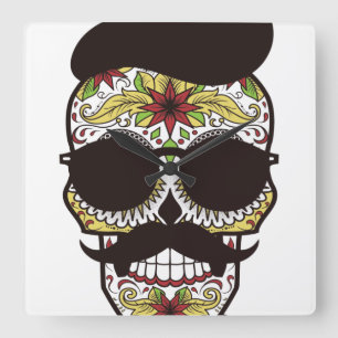 Hipster Day of the Dead Skull Square Wall Clock