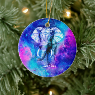Hipster Elephant Nebula Space Ceramic Tree Decoration