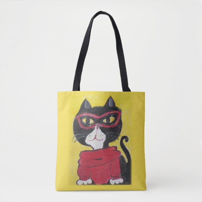 Hipster Folk Art Turtleneck Cat Tote Bag (Front)