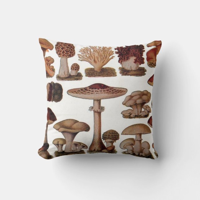 hipster french botanical print vintage mushrooms cushion (Front)