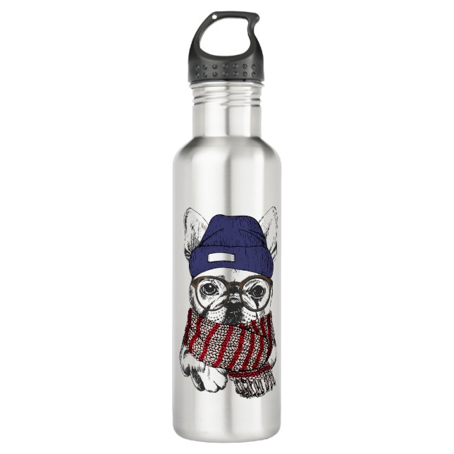 Hipster French Bull Dog 710 Ml Water Bottle (Front)