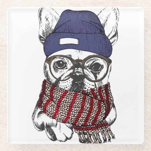 Hipster French Bull Dog Glass Coaster (Front)