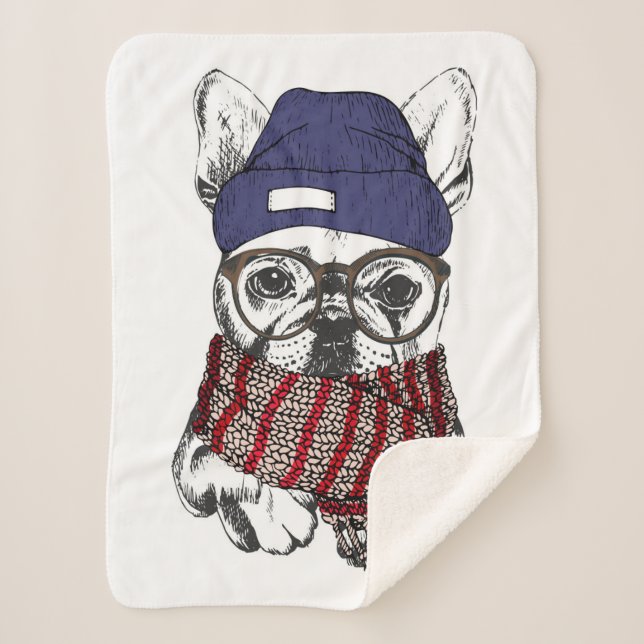 Hipster French Bull Dog Sherpa Blanket (Front)