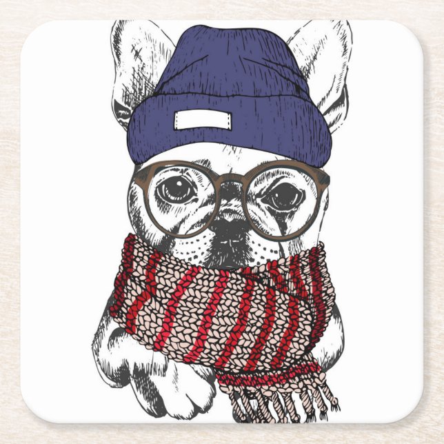 Hipster French Bull Dog Square Paper Coaster (Front)