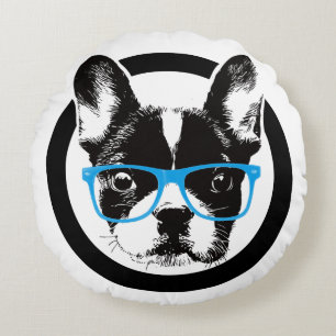 Hipster French Bulldog Nerdy Dog Round Cushion