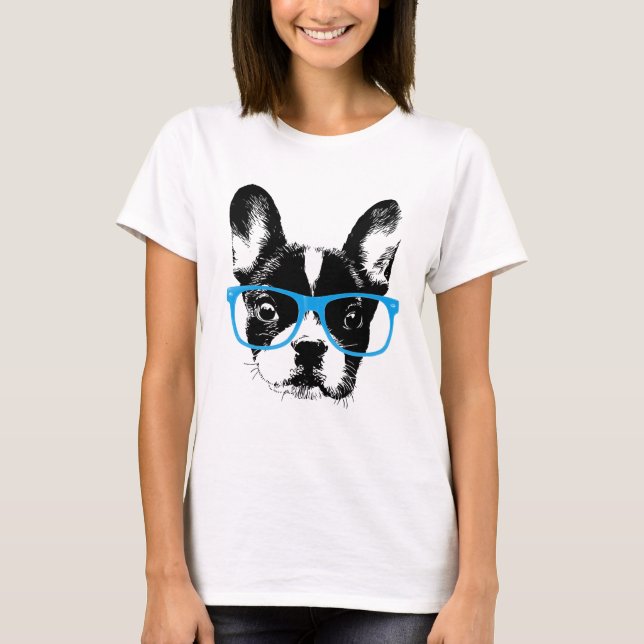 Hipster French Bulldog Nerdy Dog T-Shirt (Front)