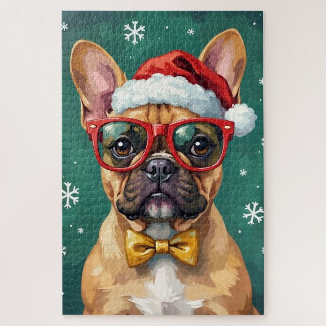 Hipster French Bulldog Santa Glasses Modern  Jigsaw Puzzle (Vertical)