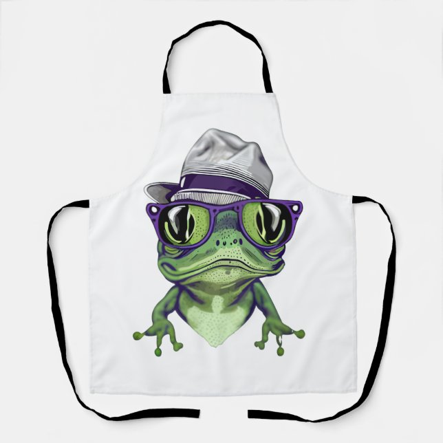 Hipster frog animal wearing glasses and hat vector apron (Front)