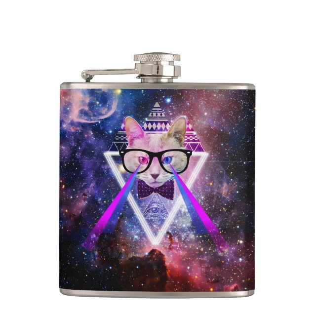 Hipster galaxy cat hip flask (Front)