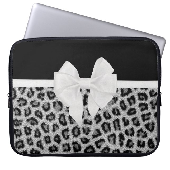 Hipster Girly Black White Animal Print And Bow Laptop Sleeve (Front)
